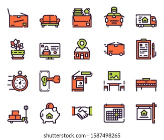 Moving items color linear icons set. Relocation concept. Cardboard boxes symbols pack. Express delivery service, renovating, logistics company. New home design elements. Isolated vector illustrations