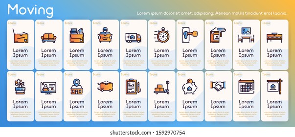 Moving items color linear icons set. Relocation concept. Cardboard boxes symbols pack. Express delivery service, renovating, logistics company. New home design elements. Isolated vector illustrations