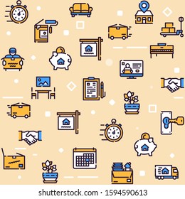 Moving items color linear icons set. Relocation concept. Cardboard boxes symbols pack. Express delivery service, renovating, logistics company. New home design elements. Isolated vector illustrations
