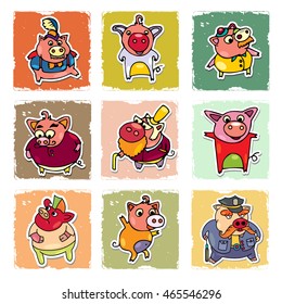 Moving and jumping tiny pigs. Old presentable boar in bussines style