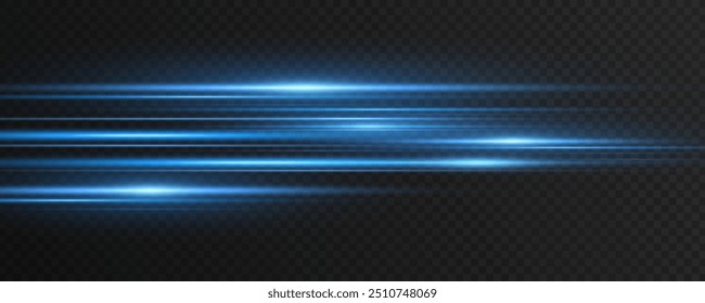 Moving laser beams of light isolated on dark transparent background. Abstract light effect. Lens flare. Horizontal blue rays glowing in the dark. Vector illustration.