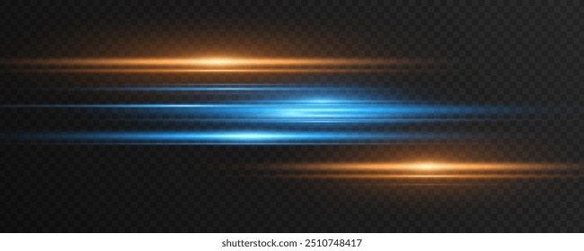 Moving laser beams of light isolated on dark transparent background. Abstract light effect. Lens flare. Horizontal blue and orange rays glowing in the dark. Vector illustration.