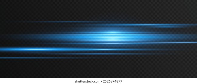 Moving laser beams of light isolated on dark transparent background. Abstract light effect with lens flare. Horizontal blue rays glowing in the dark. Vector illustration. EPS 10.