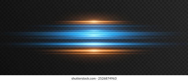 Moving laser beams of light isolated on dark transparent background. Abstract light effect with lens flare. Horizontal blue and orange rays glowing in the dark. Vector illustration. EPS 10.