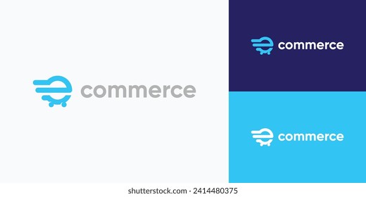 Moving letter e shopping cart vector logo design.