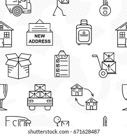 Moving. Line art icon seamless pattern. Thin line art icons. Flat style illustrations isolated.