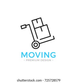 Moving line icon. Hand truck with cardboard boxes. Relocation concept. Simple linear design. Black vector moving icon isolated on white background