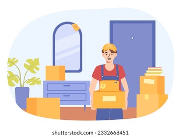 Moving with loaders concept. Man in uniform with boxes in apartment. Relocation and immigration. Loader with items help owners to drive in another home. Cartoon flat vector illustration