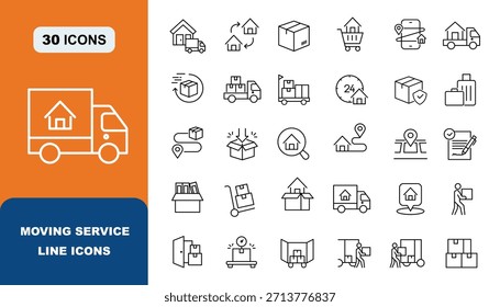 Icons Set für die bewegte und logistische Linie, 30 Vektorgrafik-, Relocation- und Shipping-Glyphen