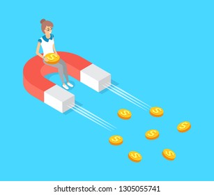 Moving magnet vector, attracting gold money, dollar cash. Woman sitting on attractor colored in red and white. Finance ideas of increasing profits