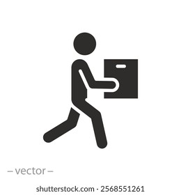 moving man with box, courier delivery concept, icon, person holding in hand package, flat web symbol on white background