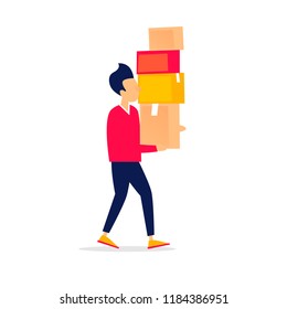 Moving, the man carries boxes. Flat