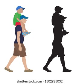 Moving man with child sitting on his shoulders and their silhouette. Vector illustration 