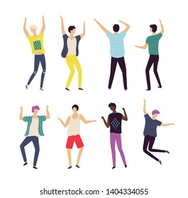 Moving men set, full length, portrait and back view of males in casual clothes, dancing people, bachelor party or celebration element, dancer boy vector