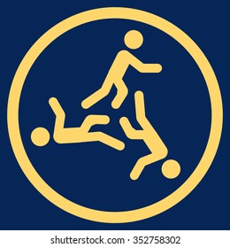 Moving Men vector icon. Style is flat circled symbol, yellow color, rounded angles, blue background.