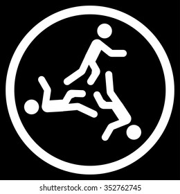 Moving Men vector icon. Style is flat circled symbol, white color, rounded angles, black background.