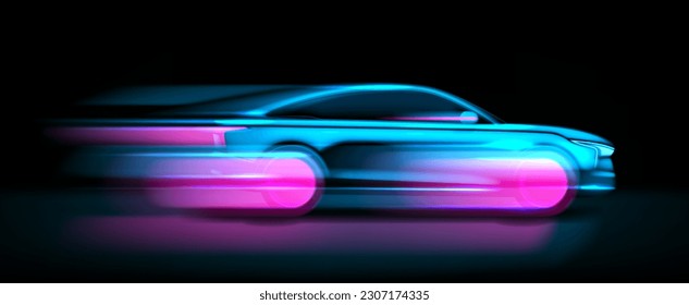 Moving neon glowing sport car silhouette. Vector illustration with side view on high speed moving car with glowing silhouette. Concept of modern and fast electric vehicle.