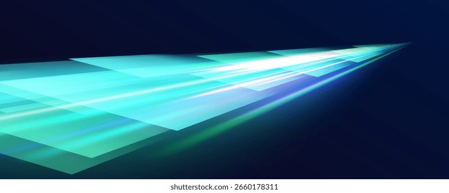 Movendo linhas verdes de néon com formas geométricas para design de TI. Linhas de borda rotativas de plano de fundo abstratas. Autoestrada noturna com efeitos de luz em neon cores verde.