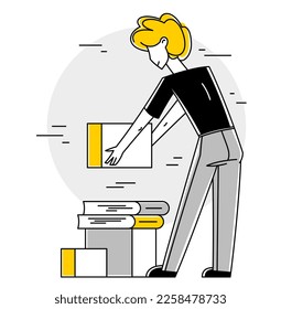 Moving to new apartment or business moving to new office, person carry and unpack boxes with stuff, beginning of new life, vector outline illustration.