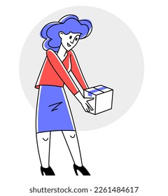 Moving to new apartment or business moving to new office, person carry and unpack boxes with stuff, beginning of new life, vector outline illustration.