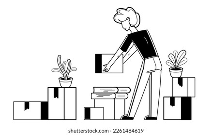 Moving to new apartment or business moving to new office, person carry and unpack boxes with stuff, beginning of new life, vector outline illustration.