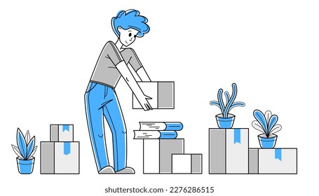 Moving to new apartment or business moving to new office, person carry and unpack boxes with stuff, beginning of new life, vector outline illustration.