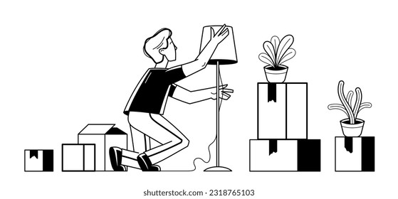Moving to new apartment or business moving to new office, person carry and unpack boxes with stuff, beginning of new life, vector outline illustration.