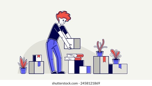 Moving to new apartment or business moving to new office, person carry and unpack boxes with stuff, beginning of new life, vector outline illustration.
