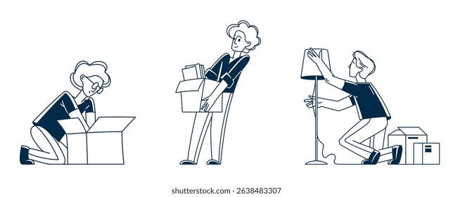 Moving to new apartment or business moving to new office, person carry and unpack boxes with stuff, beginning of new life, vector outline illustration.