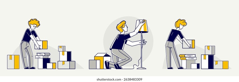 Moving to new apartment or business moving to new office, person carry and unpack boxes with stuff, beginning of new life, vector outline illustration.