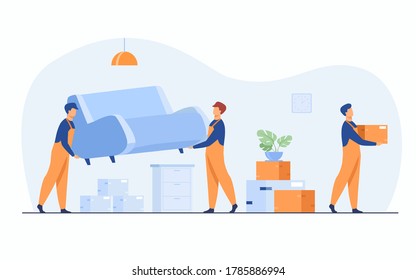 Moving to new apartment concept. Men in overalls taking boxes and furniture out of apartment. Flat vector illustration for housing, loading service, loader job, real estate sale concepts