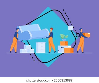 Moving to new apartment concept. Men in overalls taking boxes and furniture out of apartment. Flat vector illustration for housing, loading service, loader job, real estate sale concepts