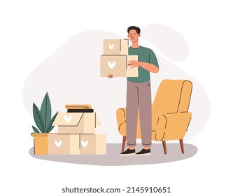 Moving To New Apartment Concept. Young Smiling Man Holds Lot Of Boxes And Moves Them To Another House. Change Of Residence, Rent Or Purchase Of House. Relocation. Cartoon Flat Vector Illustration