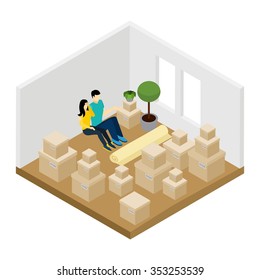 Moving in a new apartment with lots of boxes isometric vector illustration 