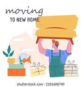 Moving to new home banner or flyer design for moving service and cargo delivery company, flat vector illustration isolated on white. Porters and movers service advertising banner or card layout.