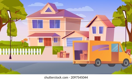 Moving to new home concept in flat cartoon design. Huge suburban house on street, truck with cardboard boxes. Relocation to new apartment and transportation of things. Vector illustration background