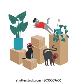 Moving to a new home. The family with cute cats moved to a new home. Paper cardboard boxes with various household items. Vector illustration in a flat style.