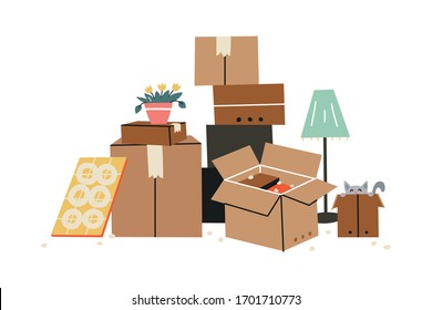 Moving to a new home. The family moved to a new home. Paper cardboard boxes with various household items. Vector illustration in a flat style.