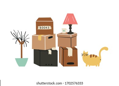 Moving to a new home. The family moved to a new home. Paper cardboard boxes with various household items. Vector illustration in a flat style.