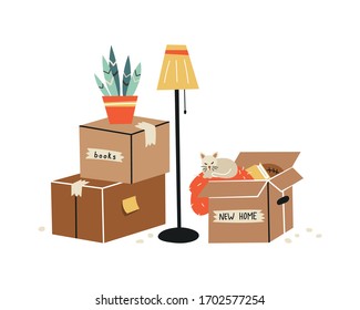 Moving to a new home. The family moved to a new home. Paper cardboard boxes with various household items. Vector illustration in a flat style.