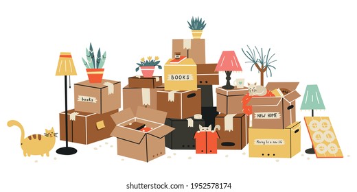 Moving to a new home. The family moved to a new home. Paper cardboard boxes with various household items. Vector illustration in a flat style.