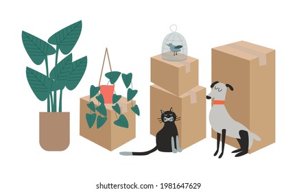 Moving to a new home. The family moved to a new home. Paper cardboard boxes with various household items. Vector illustration in a flat style.
