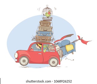 Moving to a new home / Girl is transporting things and pets in a small car, vector illustration