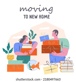 Moving to a new home, house renting or buying banner or poster layout, flat cartoon vector illustration. Mortgage and purchase of property.
