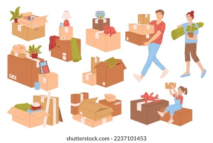 Moving to a new home large set of elements and characters for promotional materials, flat vector illustration isolated on white background. House moving and relocation.