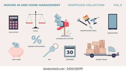 Moving in and new home management elements in tiny mortgage collection. Labeled items with moving truck, savings calculation, cardboard boxes, home relocation and repair jobs vector illustration.