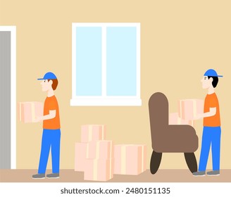 Mudarse a un nuevo hogar. Los mudanzas están sacando cosas del viejo apartamento