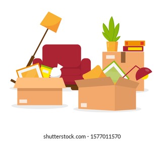 Moving to new house. Boxes with things, armchair and lamp ready to move. Vector illustration isolated on white background.
