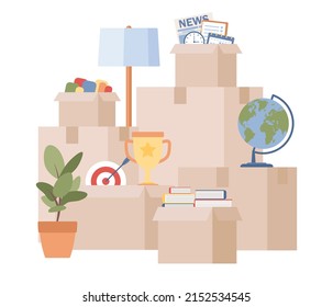 Moving to new house concept. Relocation symbol. Paper cardboard boxes with various household items. Package for transportation. Vector flat illustration 