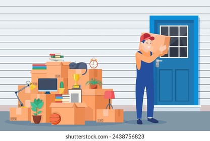 Moving to new house. Family relocated to new home. Male mover, paper cardboard boxes near house facade. Package for transportation. Vector illustration in flat style